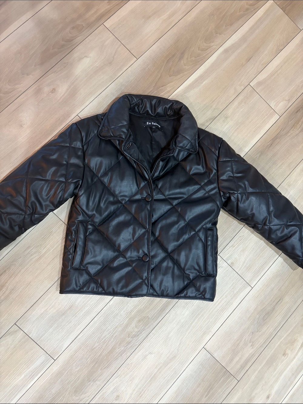 En Saison Black Quilted Faux-Leather Puffer Jacket